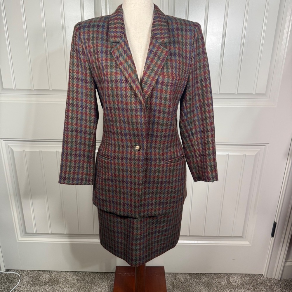 Max Mara Skirt Suit Womens 8 Multicolor Virgin Wool Tweed Blazer Set Made Italy